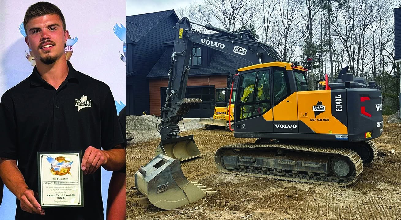 Brandon Graves holding his Eagle Choice Award beside a 207 Excavation Volvo excavator